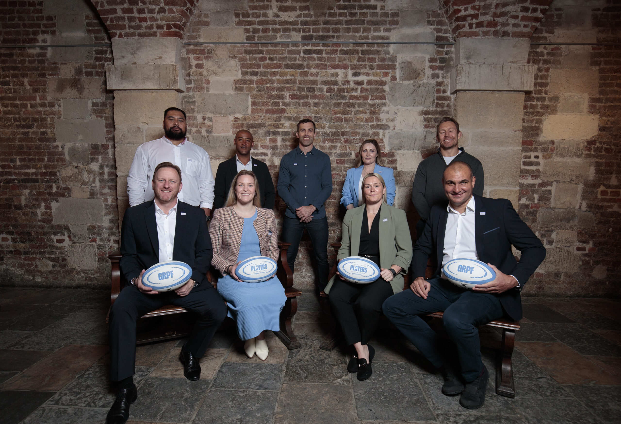 LONDON, ENGLAND - MAY 30: Back row: (L-R) Census Johnston, George Gregan, Conrad Smith, Sarah Heath - CEO Global Rugby Players Foundation and Jonny Wilkinson Front row: (L-R) Alan Gilpin - CEO World Rugby, Kristine Sommer, Rachael Burford and Omar Hassanein Chief Executive Officer International Rugby Players  pose for a picture during a media event to launch the Global Rugby Players Foundation at St Martin-in-the-Fields on May 30, 2024 in London, England.Created in partnership with World Rugby by 10 founders including Dan Carter, Jonny Wilkinson, Rachael Burford, Kristine Sommer and Richie McCaw, the Global Rugby Players Foundation exists to support all elite level players with their life beyond the game. (Photo by John Phillips - World Rugby/World Rugby via Getty Images)